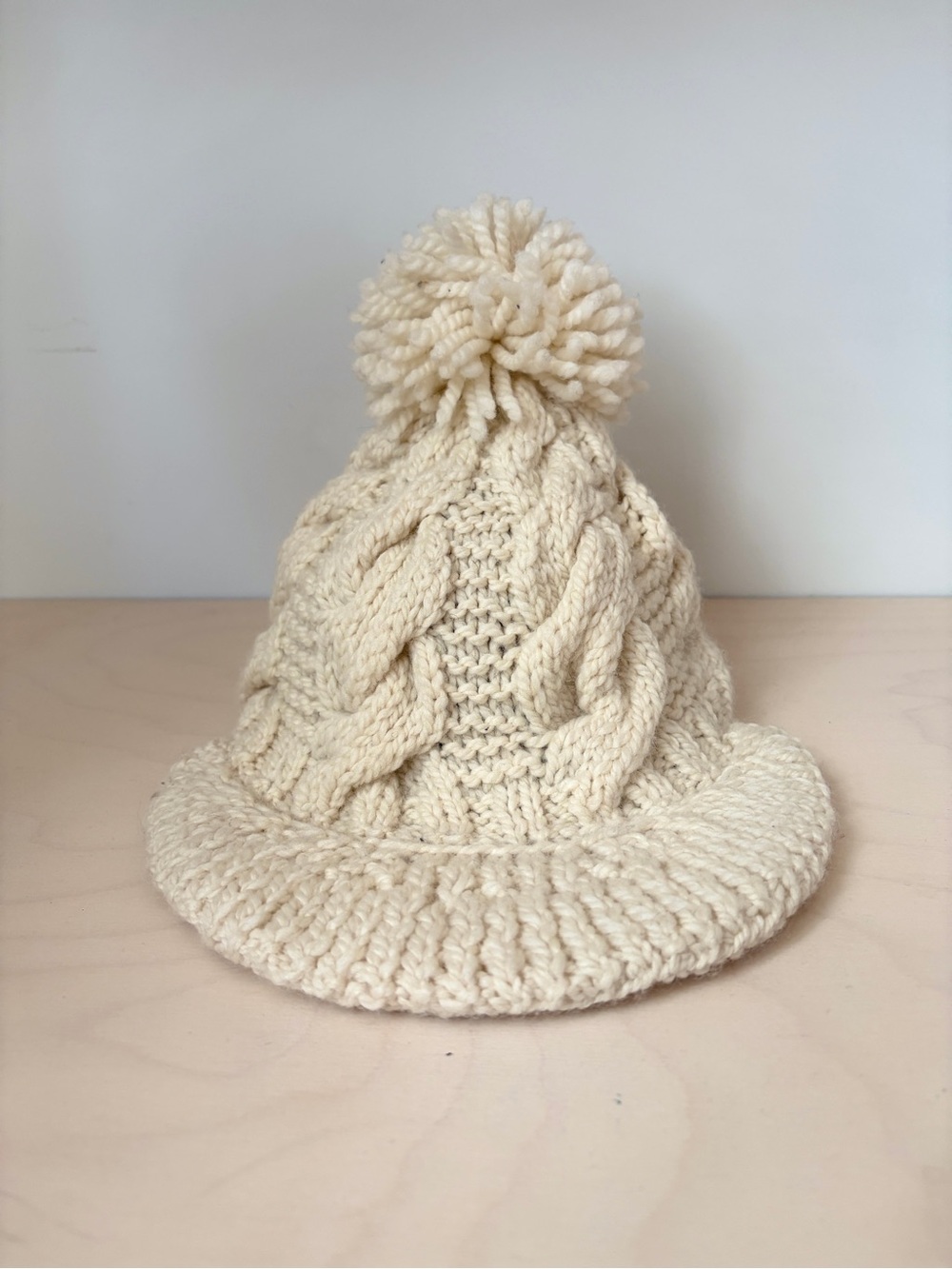 Karen Walker 100% New Zealand Wool Cream Cable Knit Pom-Pom Hat Like New